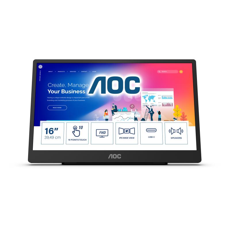 Image of Aoc 16t2 15.6 touch screen led formato 16:9 contrasto 700:1 1xmicro hdmi 2xusb colore nero garanzia italia