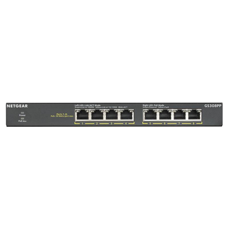Image of Netgear gs308pp switch 8 porte non gestito gigabit ethernet (10/100/1000) nero supporto power over ethernet (poe)