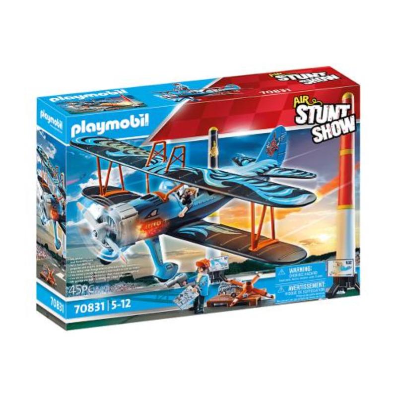 Image of Playmobil air stunt show biplano con suonni del motore e 2 personaggi
