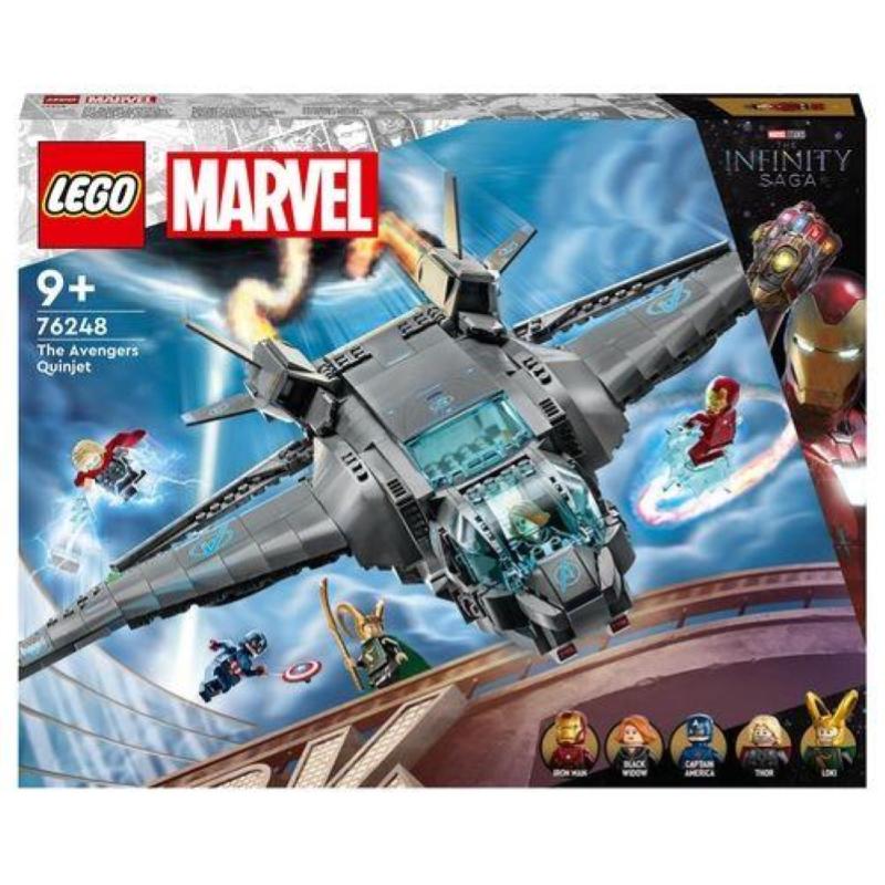 Image of Lego marvel 76248 il quinjet degli avengers, astronave giocattolo con le minifigure di thor e iron man, saga dell`infinito