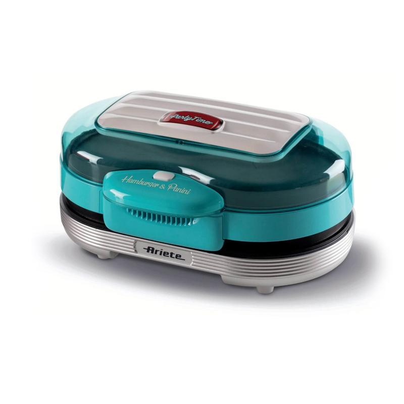 Image of Ariete 205 hamburger maker party time macchina per cottura hamburger griglia elettrica da tavolo 1.200 w doppia pistra antiaderente celeste