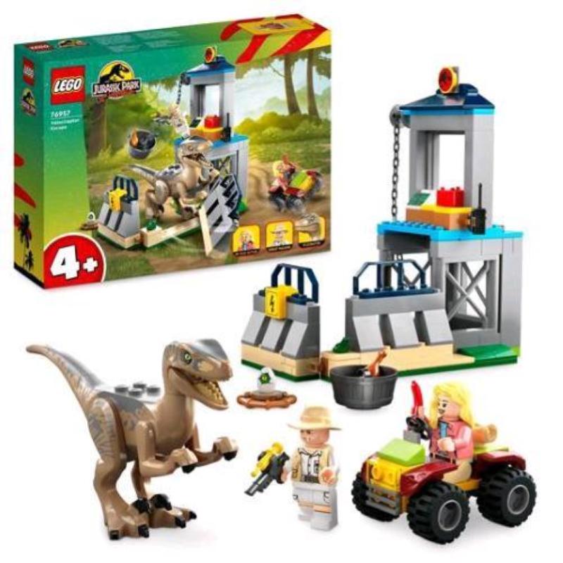 Image of Lego jurassic park 76957 la fuga del velociraptor, dinosauro giocattolo per bambini 4+ anni con dino, fuoristrada e 2 minifigure