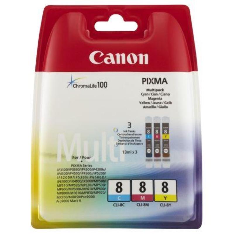 Image of Canon multipack cli-8 cmy pack cartucce ciano+magenta+giallo in blister con allarme per stampanti ink jet canon 420pg (0621b026)