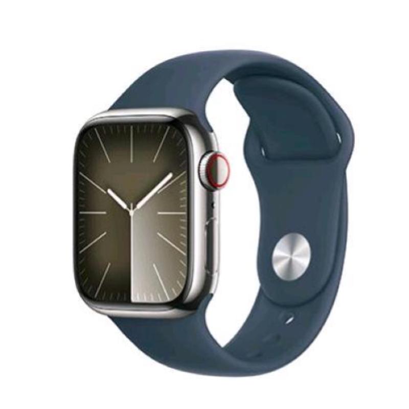 Image of Apple watch series 9 gps + cellular 41mm cassa in acciaio silver con cinturino sport band storm blue m/l