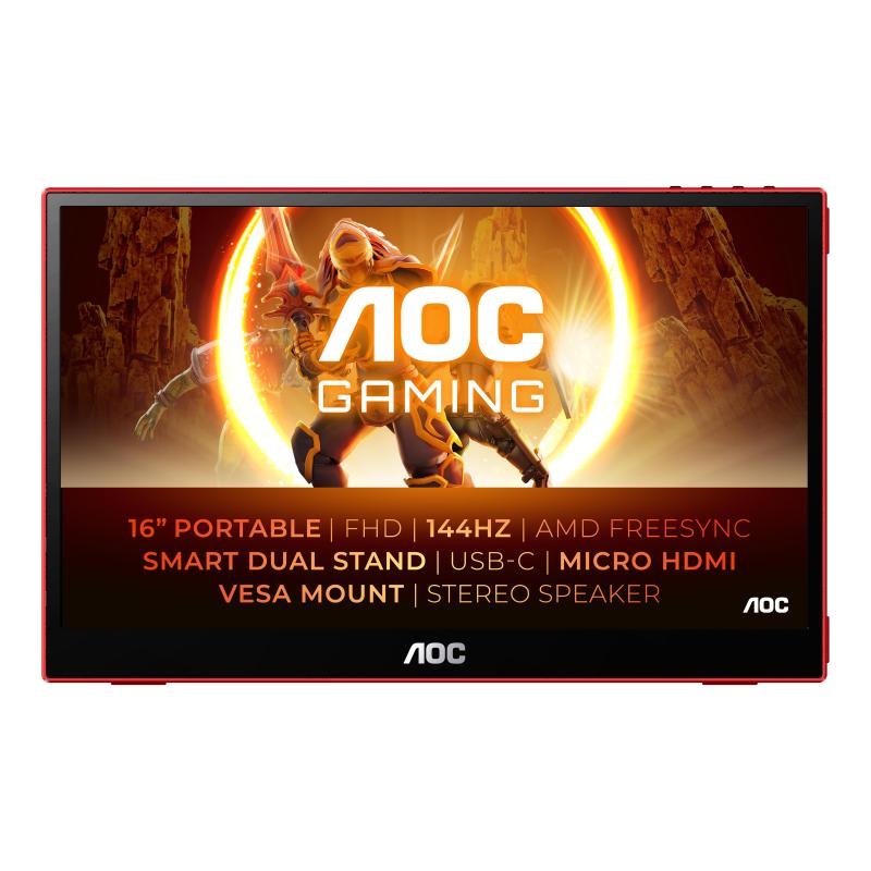 Image of Aoc 16g3 monitor portatile 15.6 full hd tft 16:9 250 cd/mq contrasto 1000:1 4ms 144hz altoparlanti usb hdmi nero/rosso