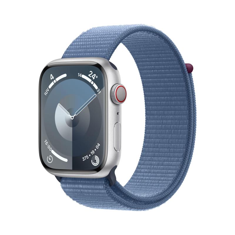 Apple watch series 9 gps + cellular 45mm aluminium case silver con cinturino sport loop winter blue