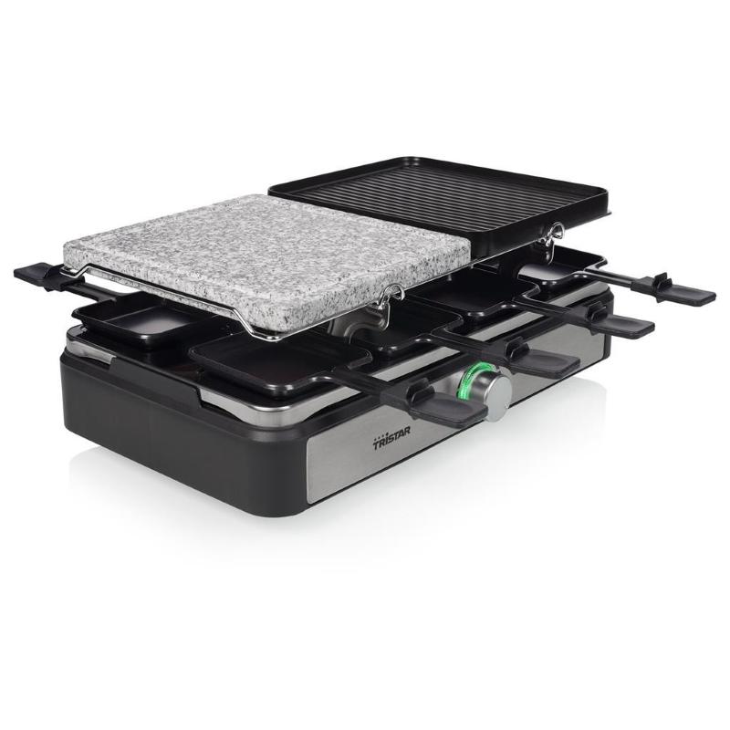Image of Tristar ra-2725 raclette grill e pietra 1400w 2 zone 21x23 cm rivestimento antiaderente termostato regolabile con 8 pentoline nero