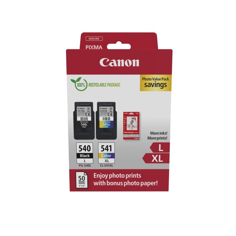 Canon pg540l/cl541xl photo value pack confezione 2 cartucce nero l colore xl ciano, magenta, giallo + 50 fogli carta fotografica