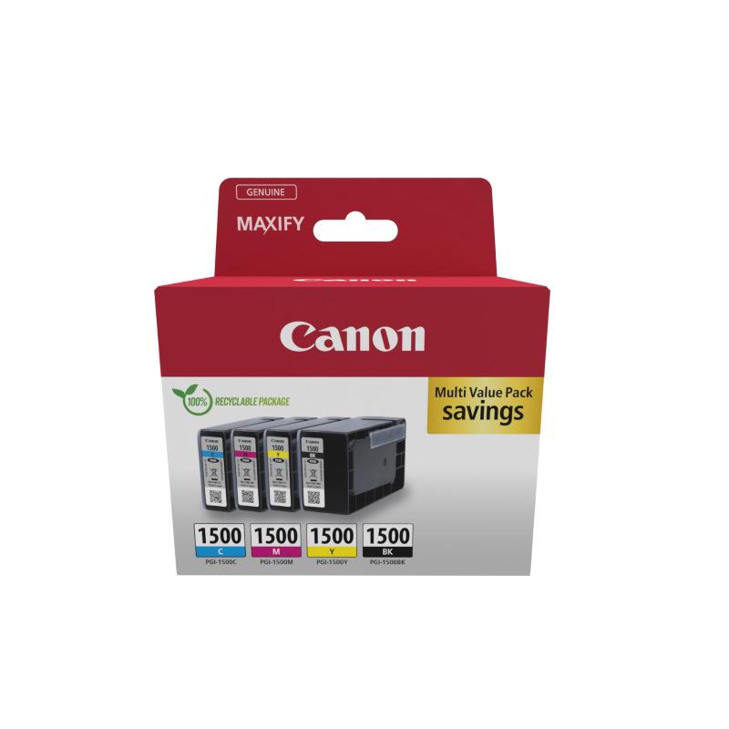 Image of Canon pgi-1500 bk/c/m/y multipack confezione 4 cartucce nero, giallo, ciano, magenta per maxify ib4050, ib4150, mb5150, mb5155, mb5350, mb5450