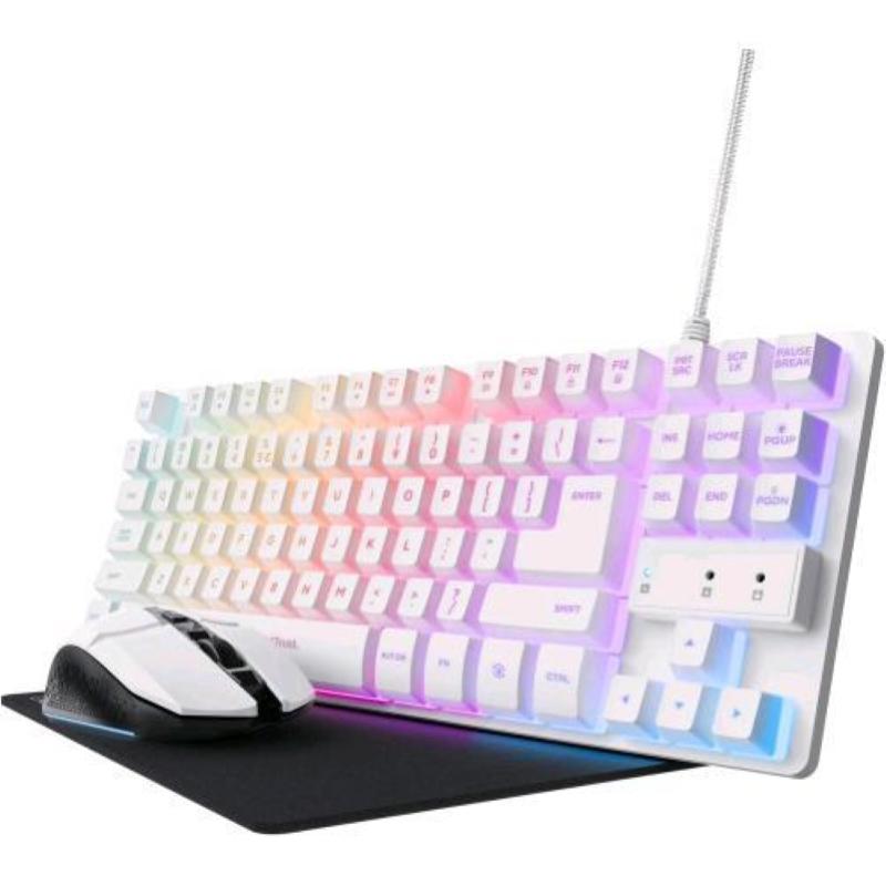 Image of Trust gxt794 w 3 in 1 tastiera compact ktl gaming qwerty mouse wireless 800-4800 dpi tappetino gamer bianco nero