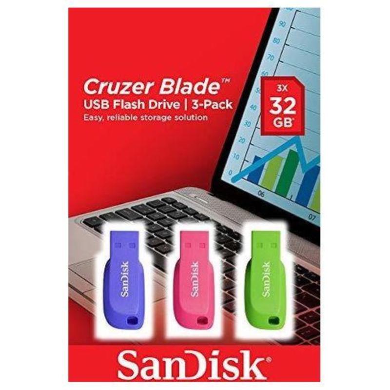 Image of Sandisk cruzer blade 3x 32gb unita` flash usb usb tipo a 2.0 blu-verde-rosa