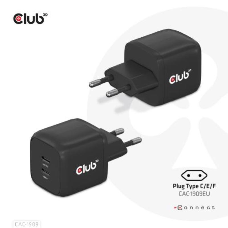 Club3d caricabatterie per dispositivi mobili 2xusb type-c 45w