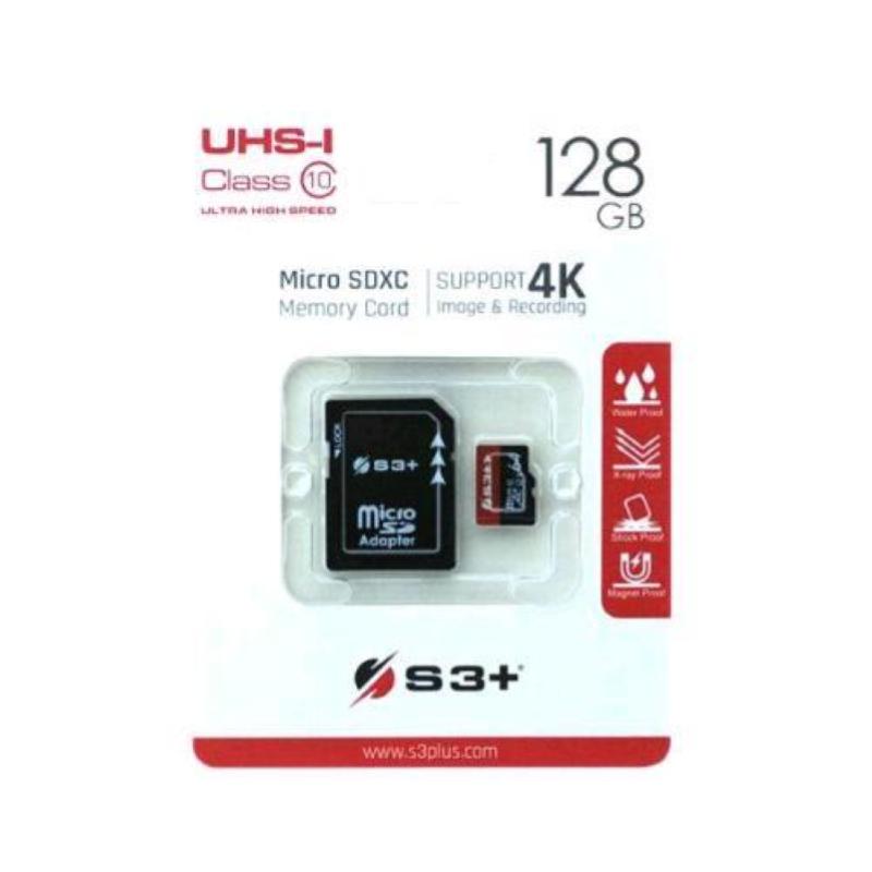 Image of S3plus s3+ scheda di memoria flash microsdxc 128 gb 4k uhs-i classe 10 con adattatore per sd nero rosso