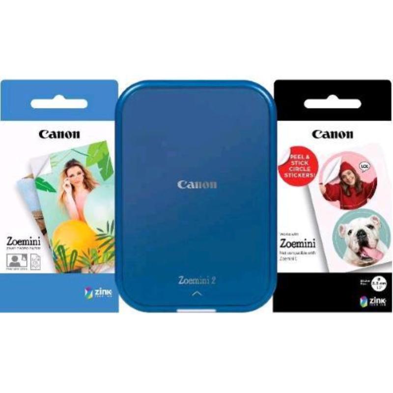 Image of Canon zoemini 2 stampante fotografica portatile a colori bluetooth - usb a batteria ricaricabile stampa 5 x 7.6cm + 30 fogli carta fotografica zink blu marino/bianco