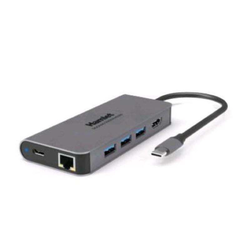 Image of Hamlet pd200 docking station da usb-c a 3 xusb 3.0 1xrj45 lan 1xhdmi 1xusb-c alimentazione power delivery 87 watt grigio cod030