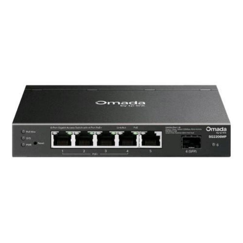 Switch 6p gigabit tp-link sg2206mp con 5p gigabit rj45 (di cui 4p poe+) + 1p sfp,802.3at/af- alim.63w poe-garanzia a vita