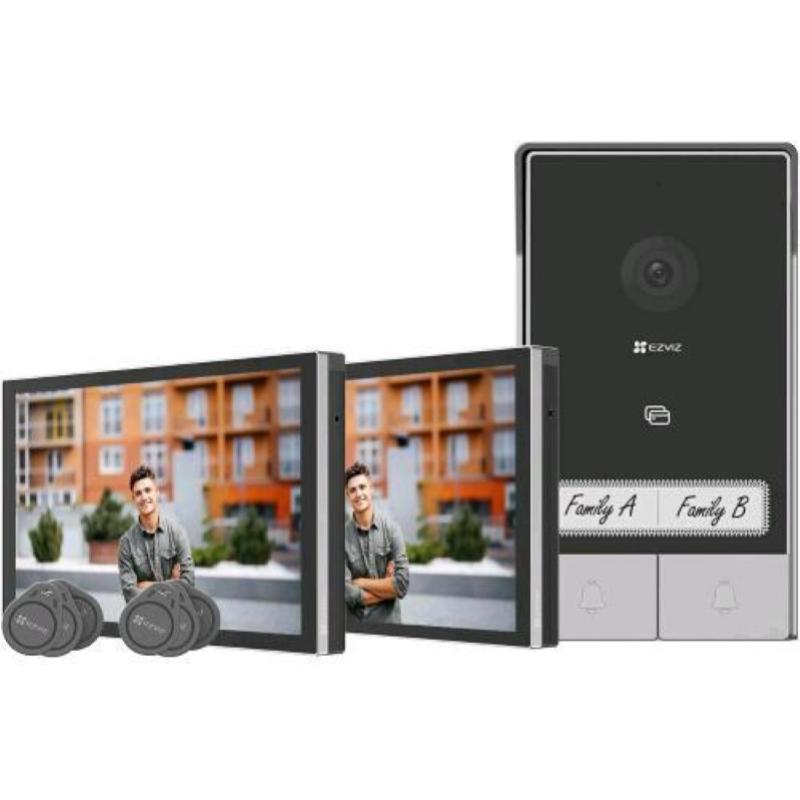 Ezviz hp7 2 family kit videocitofono bifamiliare 2k 2 fili con 2 monitor touch 7 (apre 1 serratura e 1 porta automatica)
