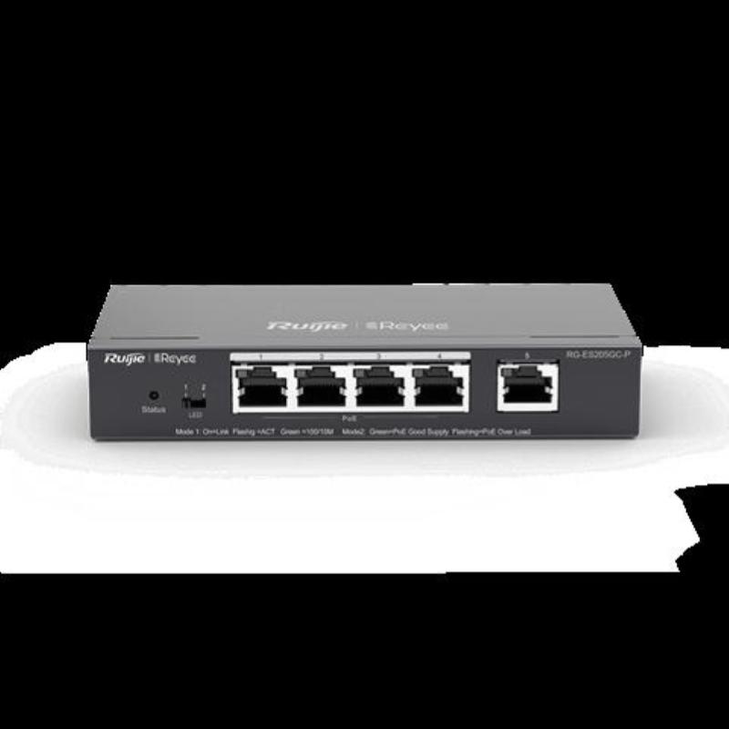 Reyee smart switch poe gigabit 5 p., 4 p. poe/poe+, poe power budget 54w (chassis metallico desktop)