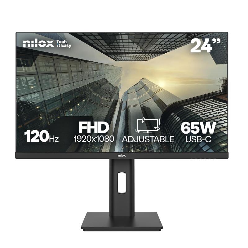 Nilox monitor 24 pollici IPS Full HD, 120 Hz, USB-C 65 W, regolabile in altezza, DisplayPort, HDMI, 4 ms