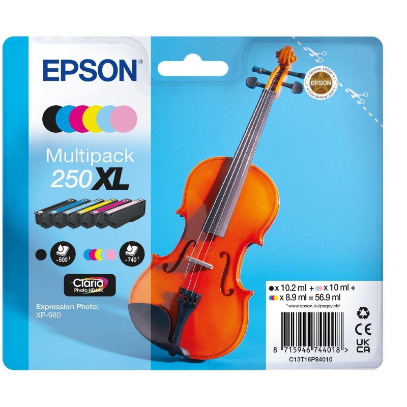 Epson 250xl violin claria photo hd cartuccia d\`inchiostro 6 pz originale resa elevata (xl) nero, ciano, ciano chiaro, magenta