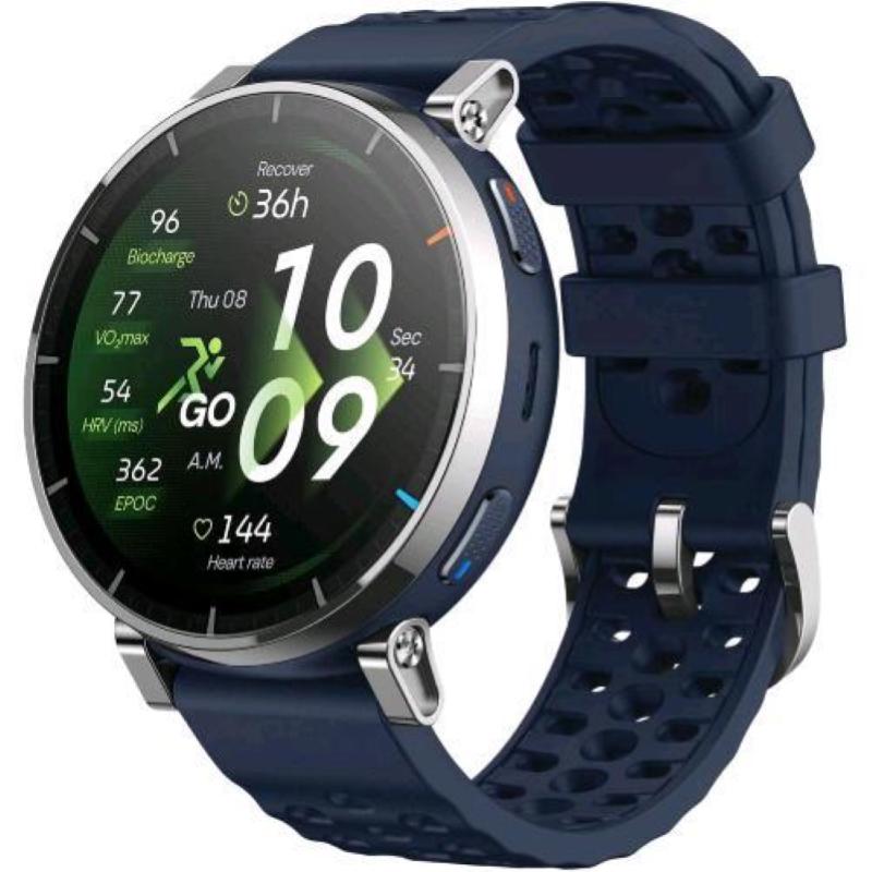 Amazfit active 3 premium smartwatch 45mm 1.32 amoled vetro zaffiro gps running nfc mappe offline 5 atm 170+ sport argento blu