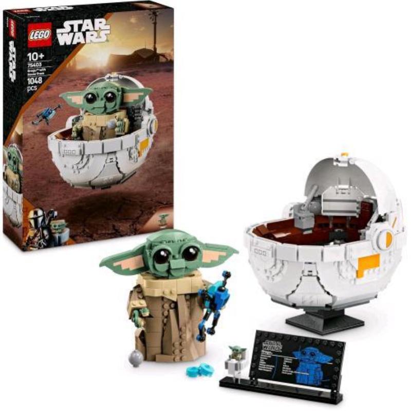 Lego star wars grogu e carrozzina con rana sorgan e minifigura di grogu