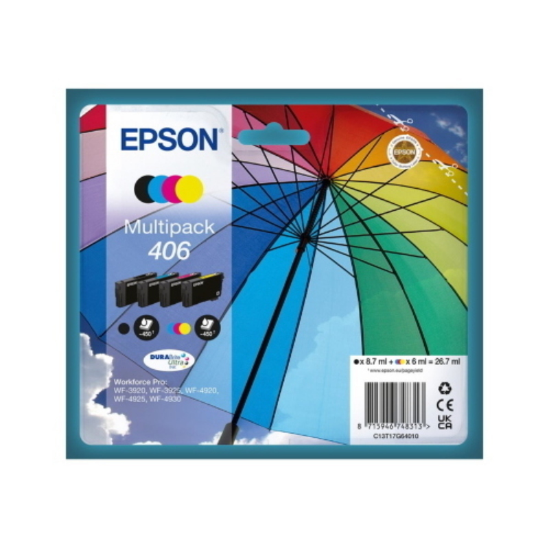 Cartuccia epson 406 ombrello c13t17g64010 6ml multipack per workforce pro: wf-3920, wf-3925, wf-4920, wf-4925, wf-4930