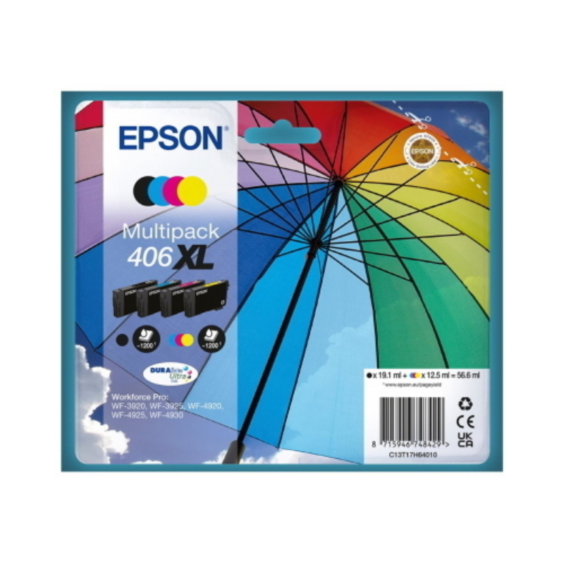 Cartuccia epson 406xl ombrello c13t17h64010 19,1ml multipack per workforce pro: wf-3920, wf-3925, wf-4920, wf-4925, wf-4930