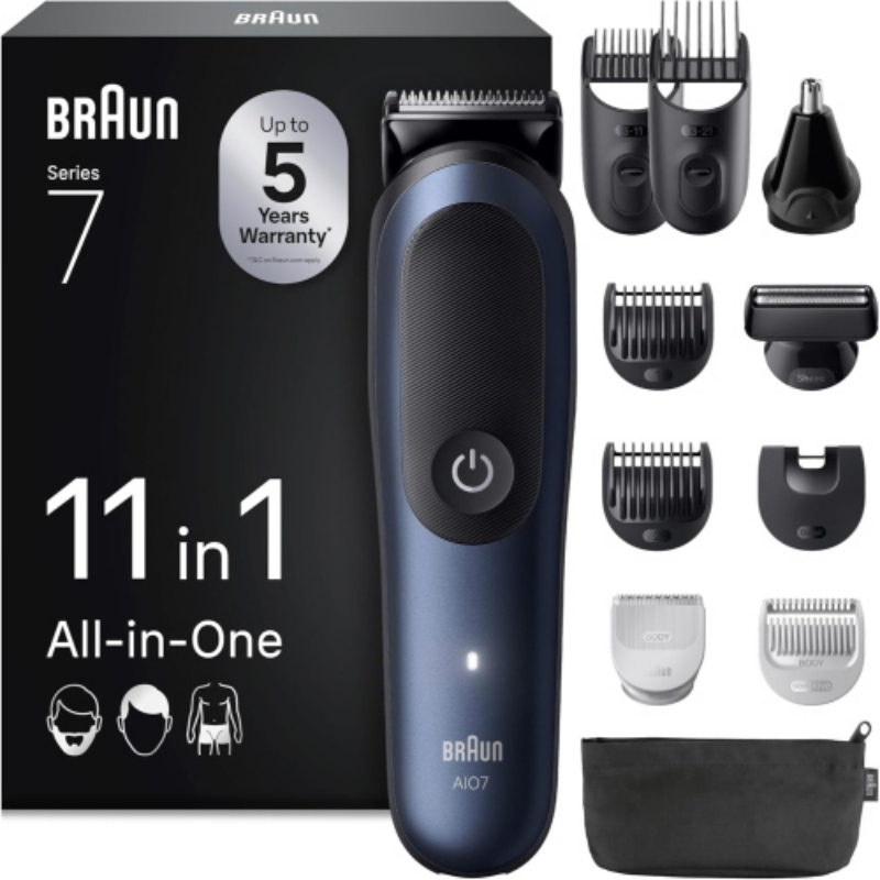 Braun serie 7 aio7540 rasoio elettrico rifinitore 11 in 1 wet & dry a batterie ricaricabile con accessori nero blu