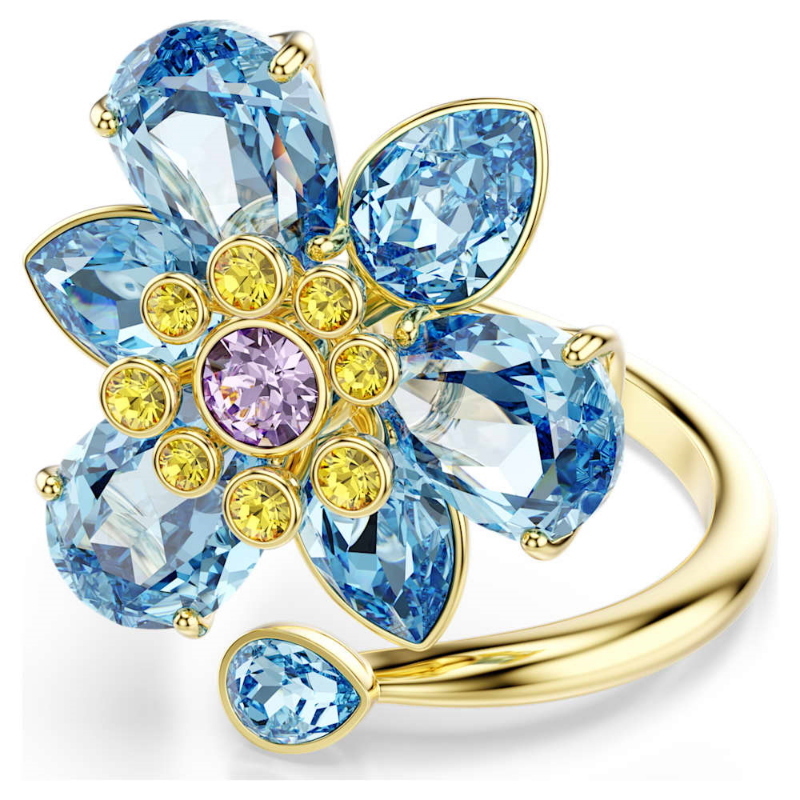 Swarovski 5721591 anello aperto idyllia, taglio misto, fiore, blu, finitura oro 18k di swarovski originale