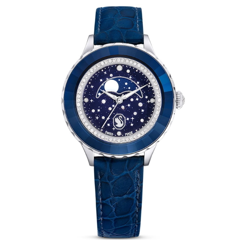 Swarovski 5677494 orologio octea moon, fabbricato in svizzera, luna, cinturino in pelle, blu, acciaio inossidabile di swarovski originale