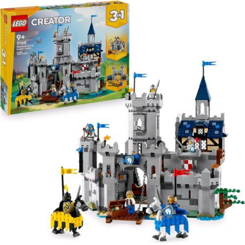 Lego creator 3 in 1 castello del cavaliere medievale trasformabile in scena di torneo o in villaggio con 6 minifigure