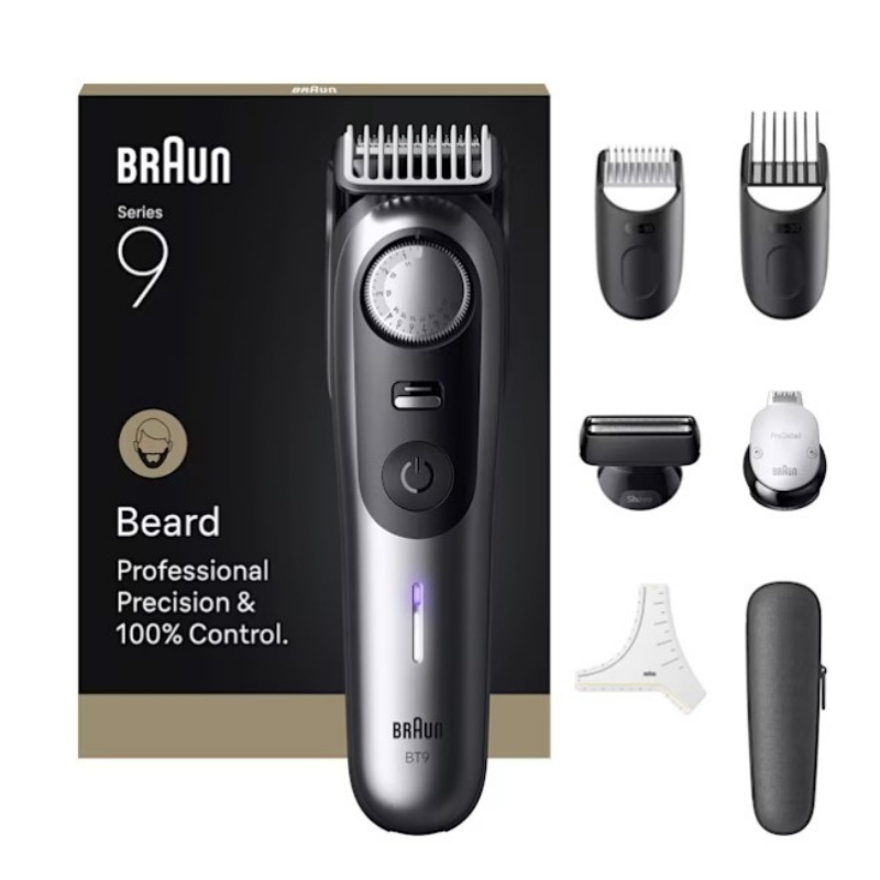 Braun beardtrimmer 9 regolabarba series 9, +7 strumenti da barbiere, 52 lunghezze, problade, bt9520, cromo
