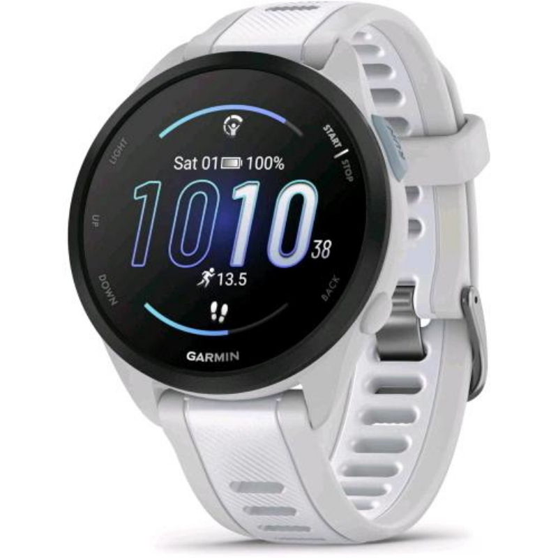 Garmin forerunner 165 smartwatch runner 43mm gps cardio vo2max report mattutino hrv status piani gratuiti 5k 10k e 21k training readiness garminpay mist grey & whitestone