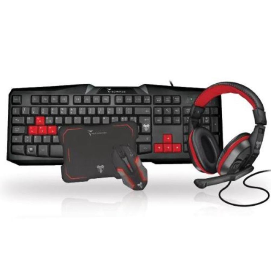 Techmade kit gaming tastiera usb mouse wireless 3.200 dpi cuffia gaming 1 x jack 3.5 mm tappetino mouse nero rosso