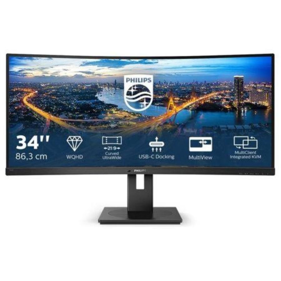 Philips monitor 346b1c gaming monitor curvo 34`` 21:9 wqhd, 100 hz, adaptive sync, multiview (pip, pbp), kvm e audio integrati, hdmi, display port, docking station usb-c, rj45, regolabile ergonomicamente, vesa