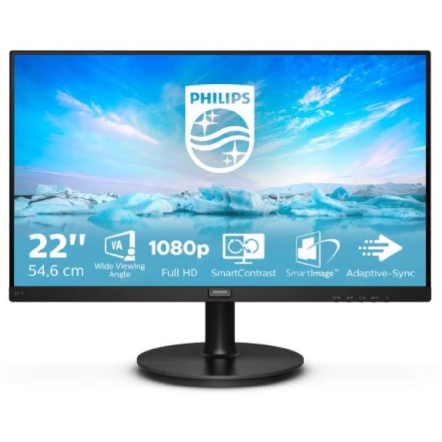 Philips 221v8 monitor adaptive sync 75 hz, va, full hd, 4ms, hdmi, vga, attacco vesa, nero, 22``