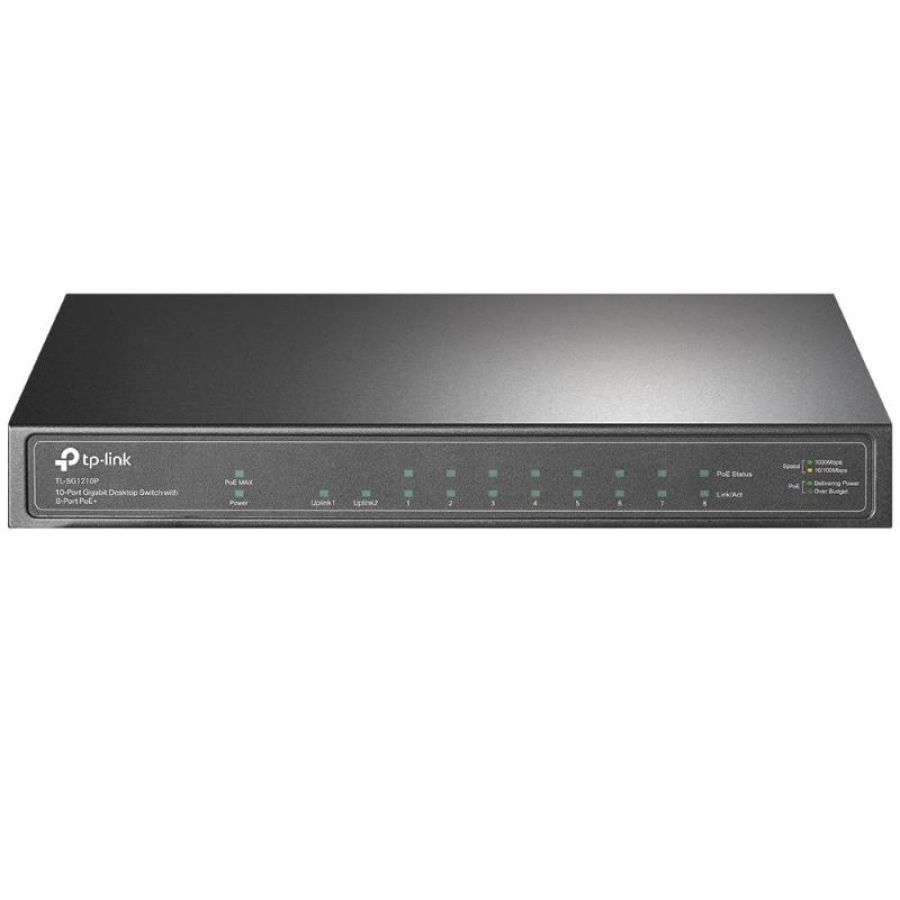 Tp-link tl-sg1210p switch non gestito - 8 x 10/100/1000 (poe+) + 1 x 10/100/1000 (uplink) + 1 x gigabit sfp (uplink) - poe+ (63 w) desktop grigio