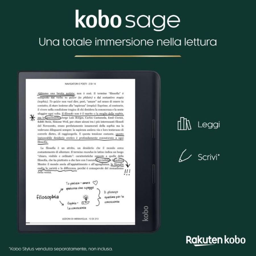 Kobo sage ereader display a filo da 8`` hd carta e ink 1200 antiriflesso modalita` scura 32gb audiolibri multiformato nero