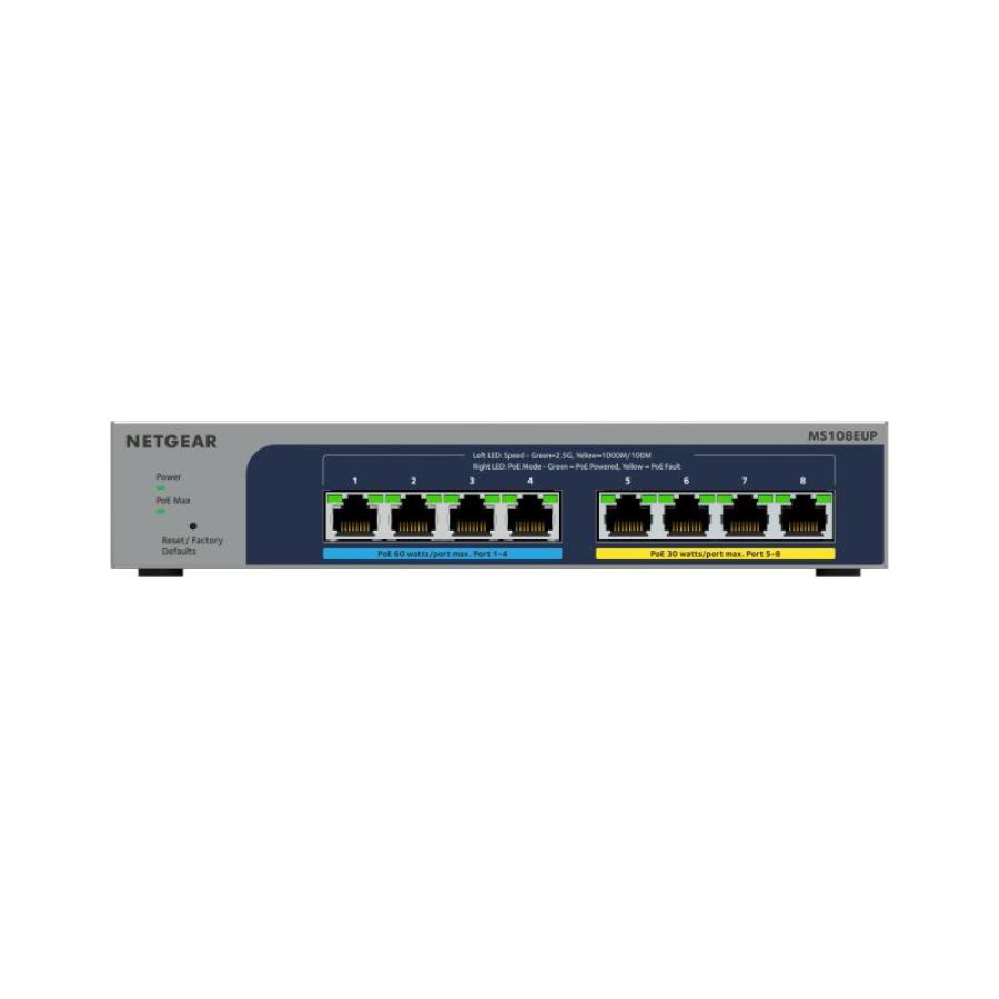 Netgear plus ms108eup-100eus switch gestito l2/l3 8 porte ultra60 poe++ - 4 x 100/1000/2.5g (poe++) + 4 x 100/1000/2.5g (poe+) poe++ (230 w)
