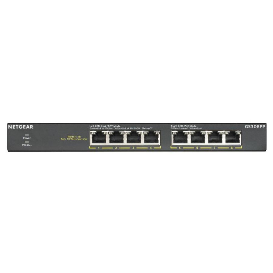 Netgear gs308pp switch 8 porte non gestito gigabit ethernet (10/100/1000) nero supporto power over ethernet (poe)