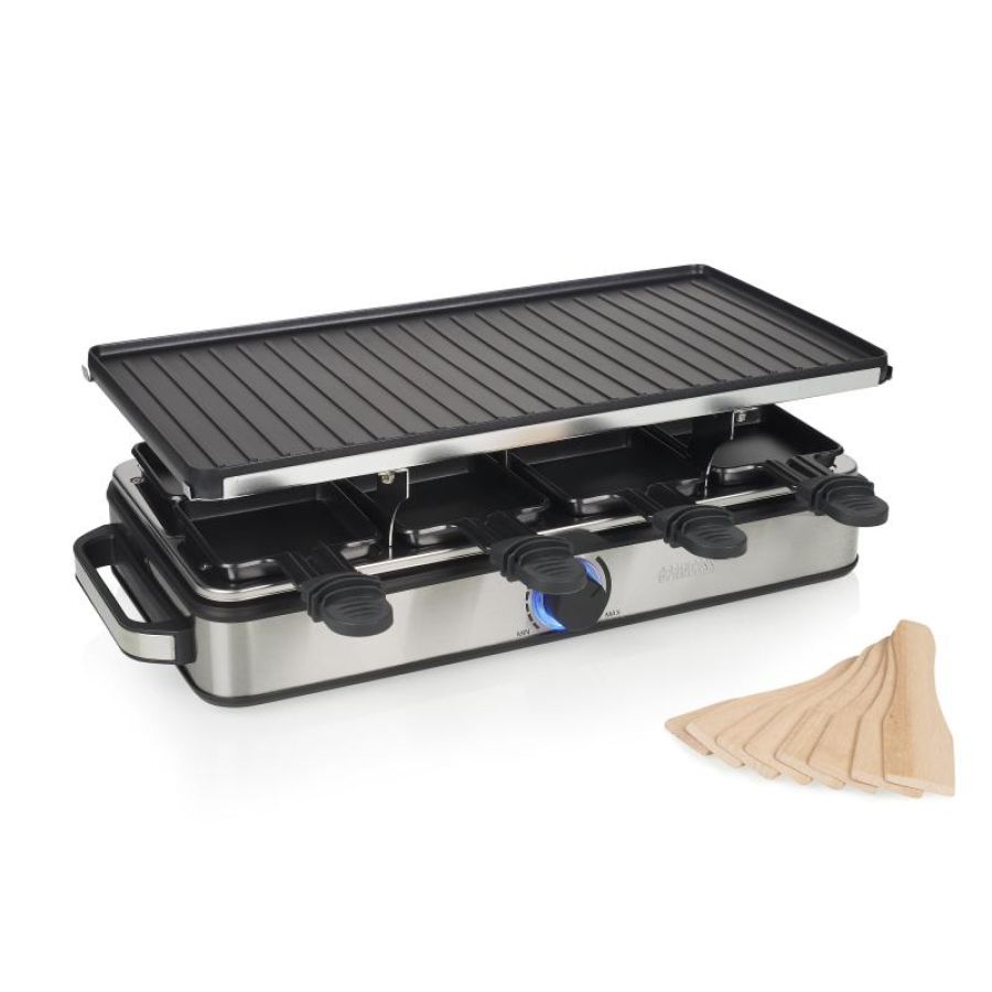Princess 162645 raclette 8 grill deluxe bistecchiera elettrica 1400w griglia 42x21cm piastra removibile antiaderente con 8 padelle e 8 spatole nero