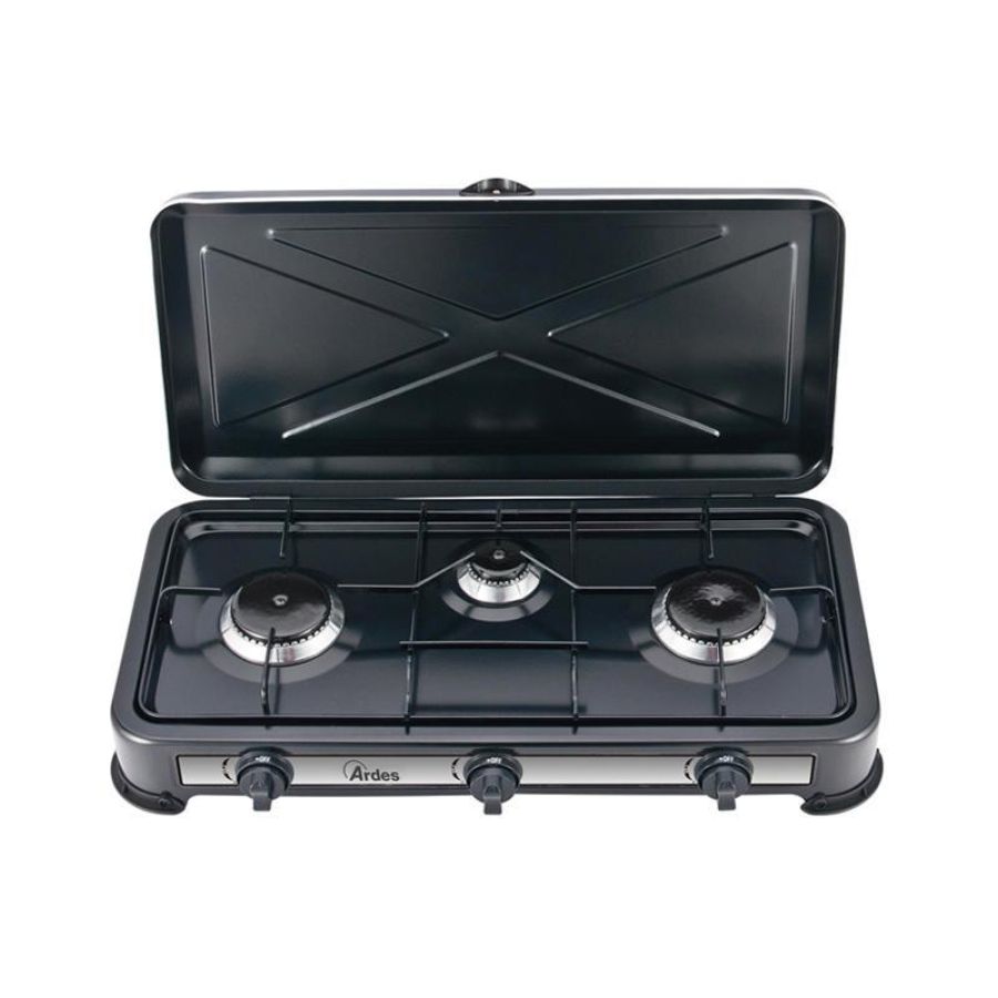 Ardes ar1fg03 odino 3 fornello a gas gpl da appoggio 3 fuochi struttura in acciaio piedini in plastica fiamma regolabile con coperchio nero