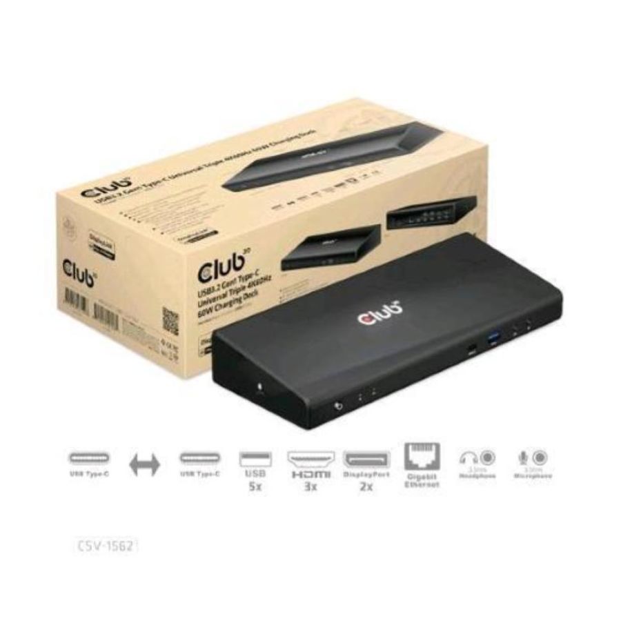 Club3d docking station di ricarica triplo 4k universale usb3.2 gen1 type-c 4x usb-a 3.2 1xusb-c 3xhdmi 2xdisplayportlan rj-45 black