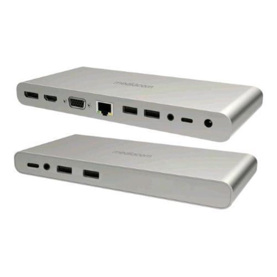Mediacom md-c321 docking station power delivery 100w 4 x usb-a 3.0 - 1 x usb 100 w - 1 x hdmi - 1 x rj-45 gigabit ethernet - 1 x displayport - 1 x vga 15 pin - 1 x jack 3.5mm cuffie/microfono