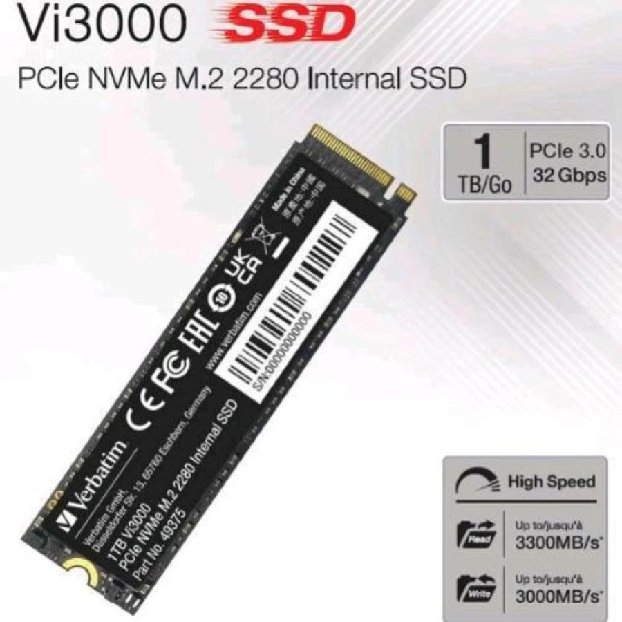Verbatim vi3000 ssd 1.000gb m.2 nvme pcie gen 3.0 x 4 lettura 3.300 mb/s-scrittura 3.000 mb/s
