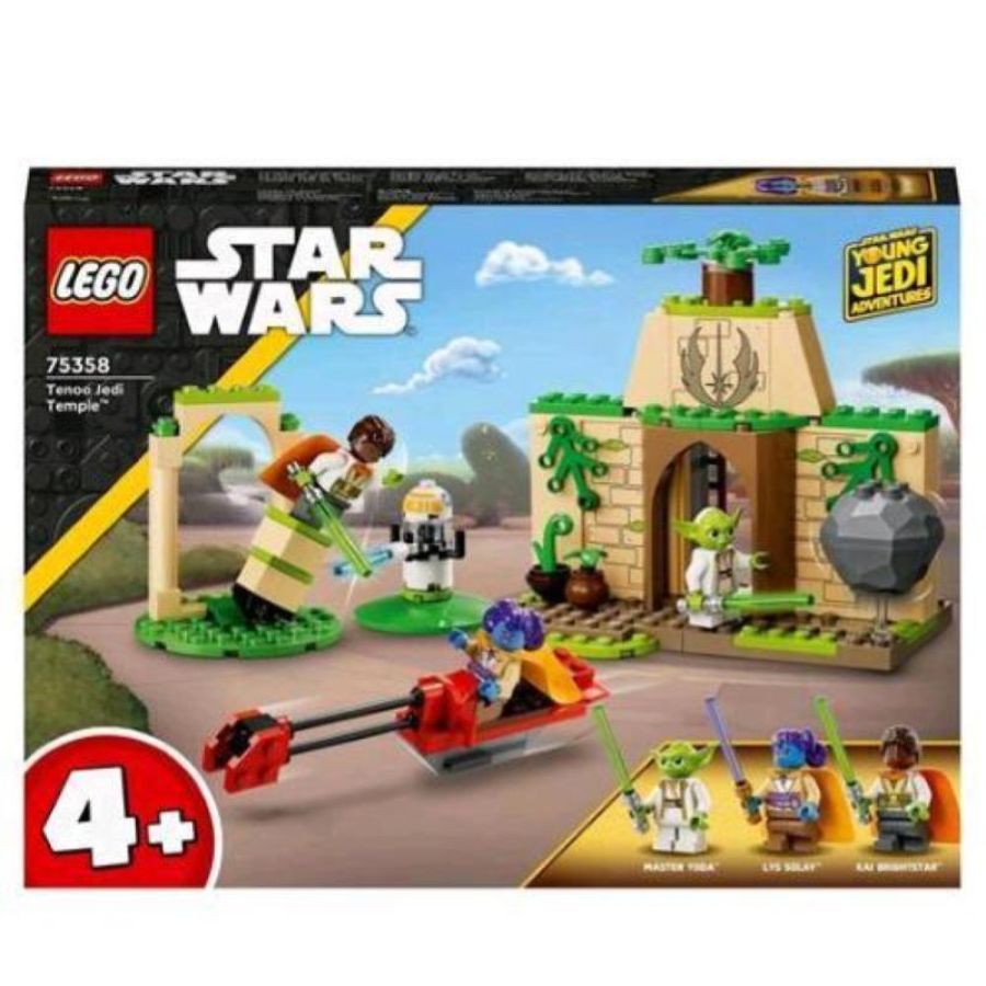 Lego star wars 75358 tempio jedi su tenoo con maestro yoda, spade laser giocattolo, droide e speeder bike, giochi per bambini 4+