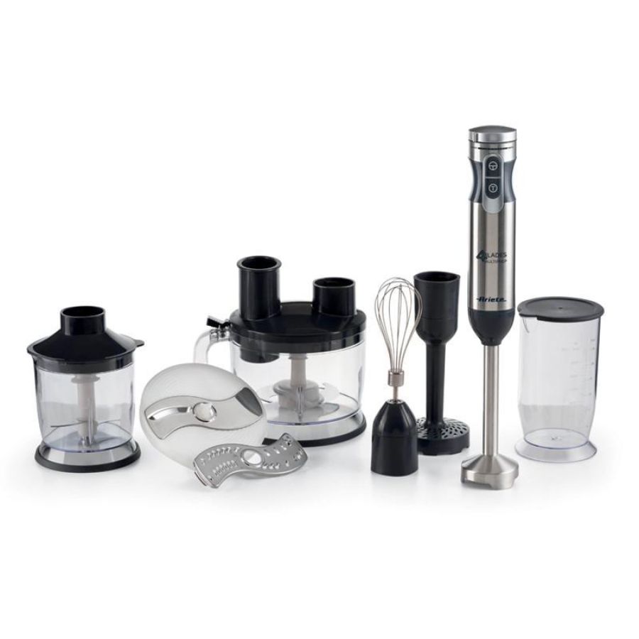 Ariete 898 4 blades multiprep frullatore ad immersione 7 in 1 1.000 w 10 velocita`` + turbo 4 lame in acciaio inox funzione tritatutto completo di accesori silver
