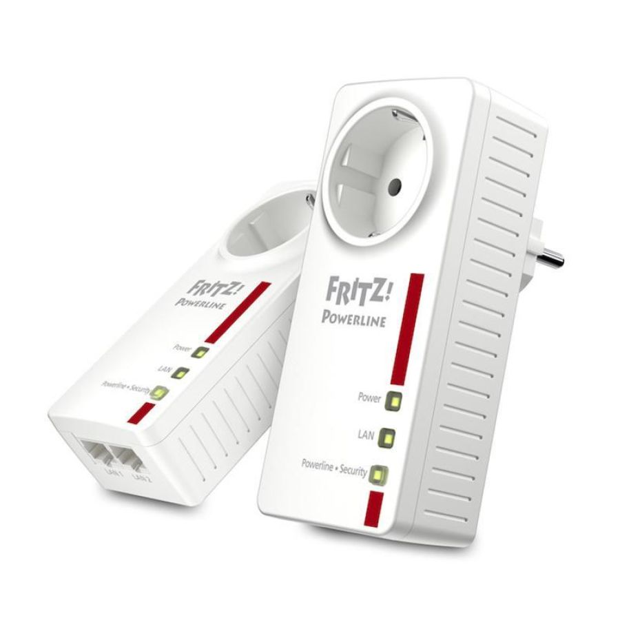 Avm fritz! powerline 1220e set di 2 adattatori con presa passante fino a 1200 mbps 2 porte lan gigabit plug and play eco mode