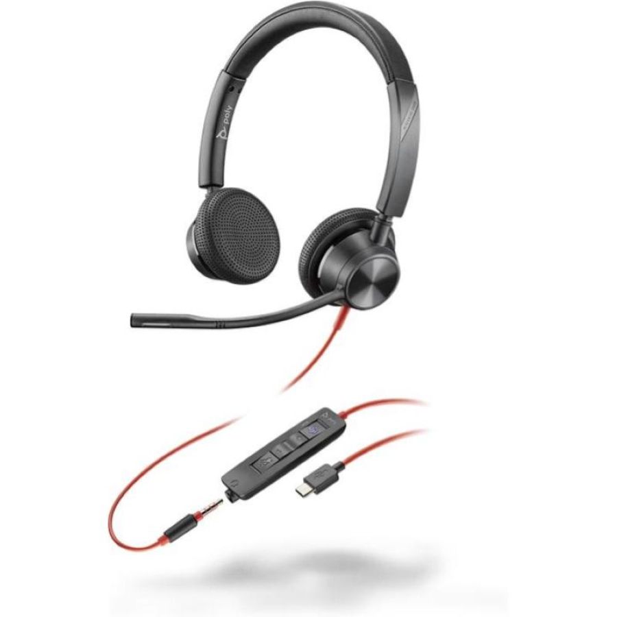 Poly cuffie stereo blackwire 3325 con connettore usb-c certificate per microsoft teams spina da 3.5mm adattatore usb-c-a